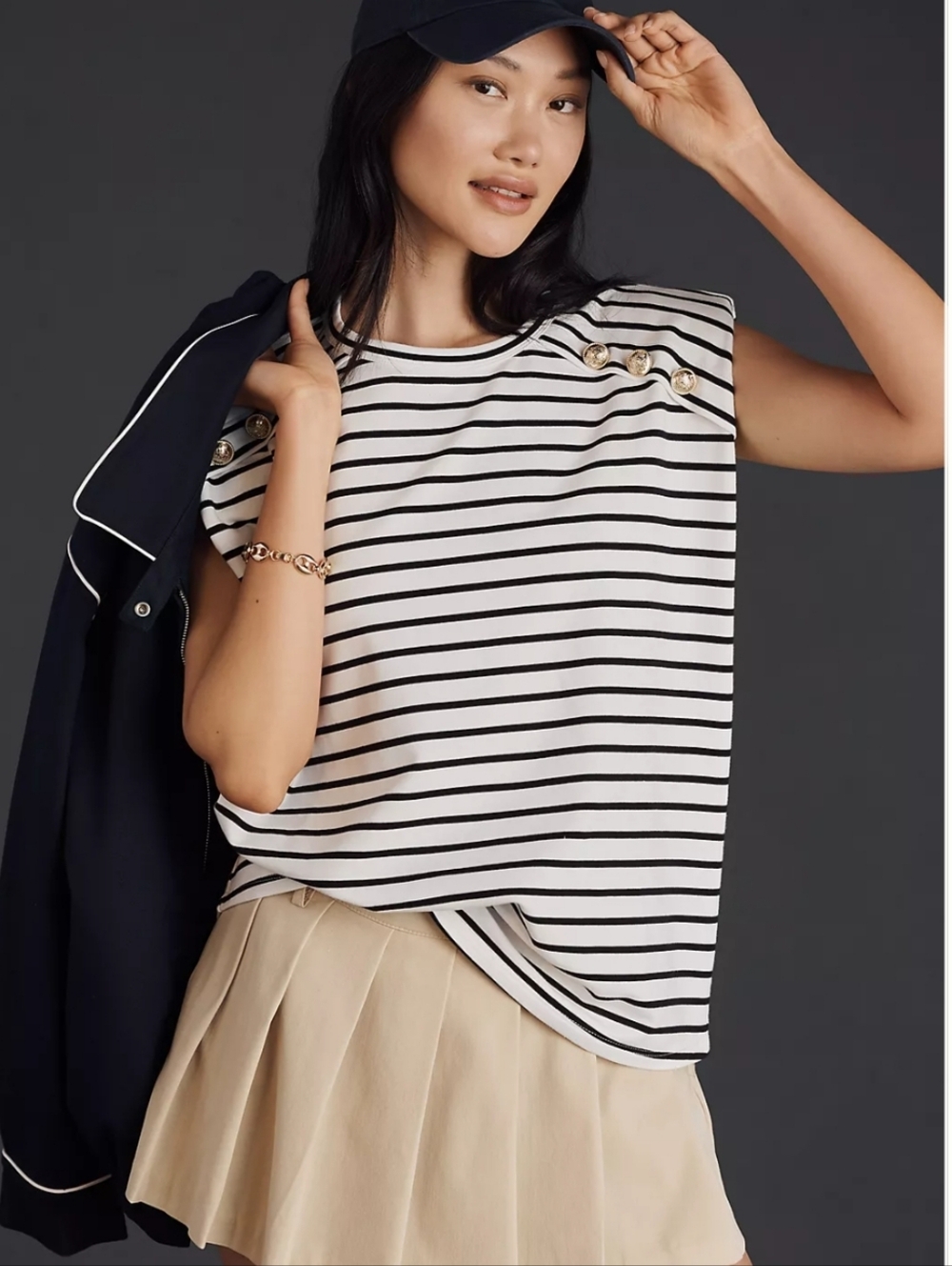NWT Anthropologie × English Factory Power Shoulder Top Striped Nautical Preppy L - Picture 1 of 14